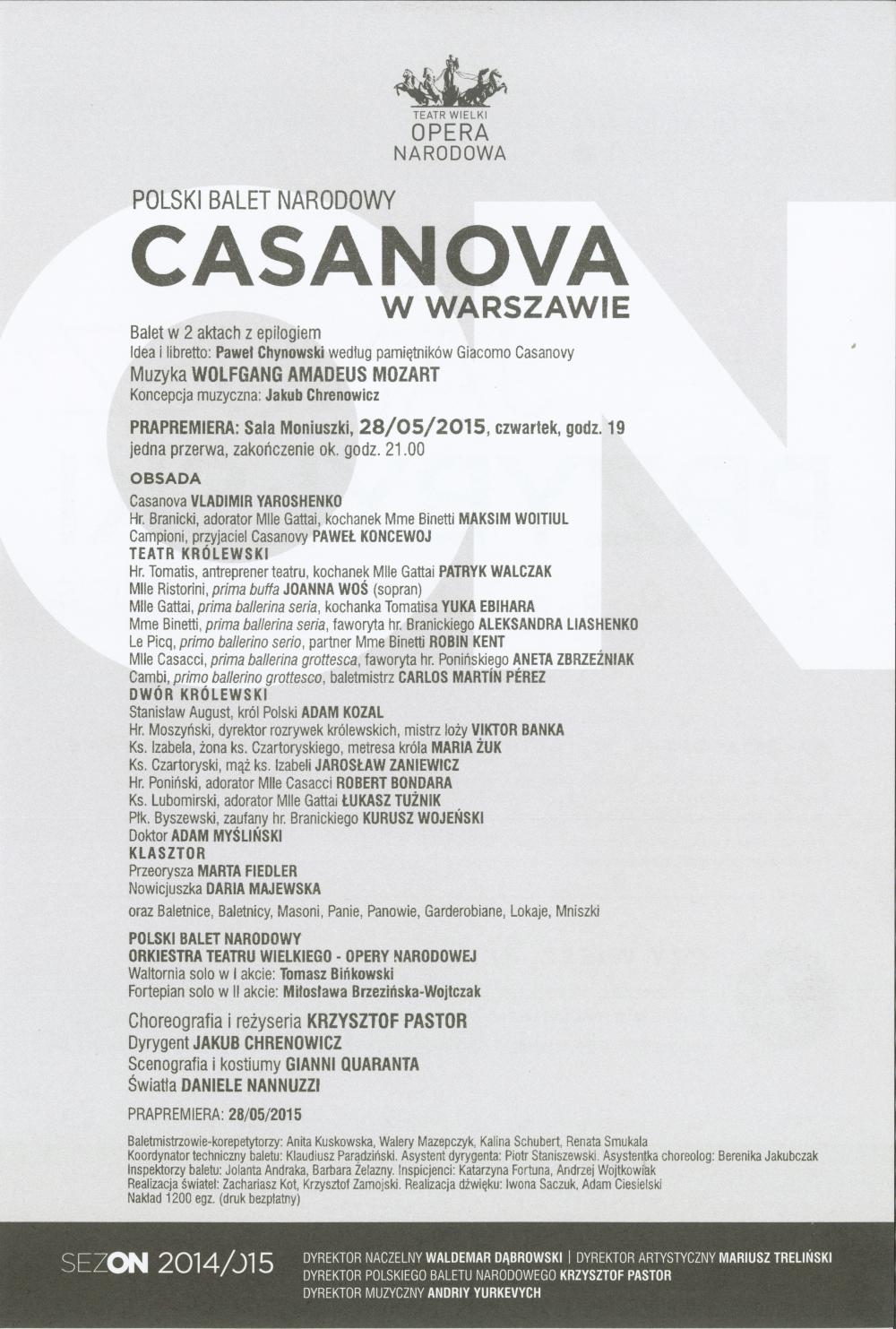 Wkładka obsadowa "Casanova w Warszawie" Krzysztofa Pastora muzyka Wolfgang Amadeus Mozart 2015-05-28