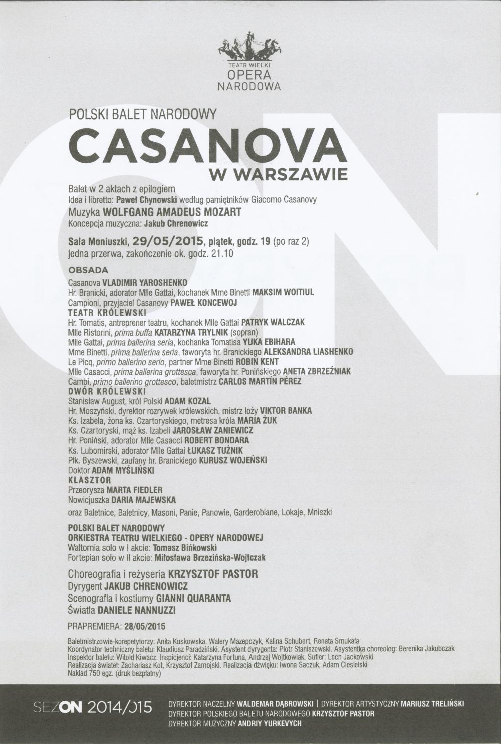 Wkładka obsadowa "Casanova w Warszawie" Krzysztofa Pastora muzyka Wolfgang Amadeus Mozart 2015-05-29