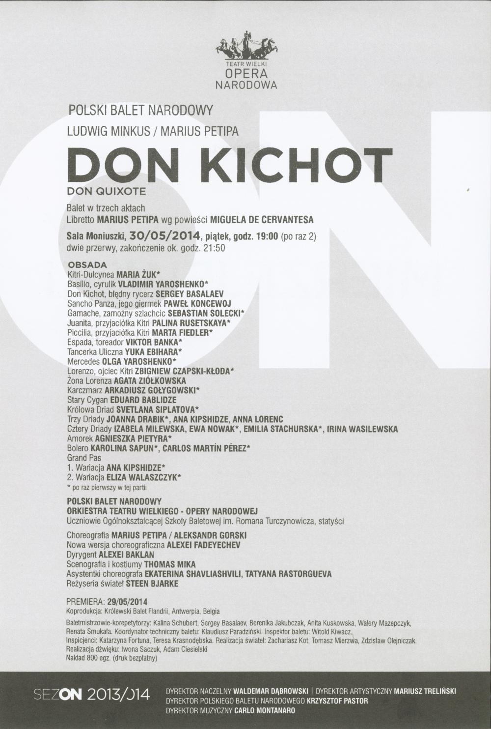 Wkładka obsadowa "Don Kichot" Ludwig Minkus / Marius Petipa, 2014-05-30