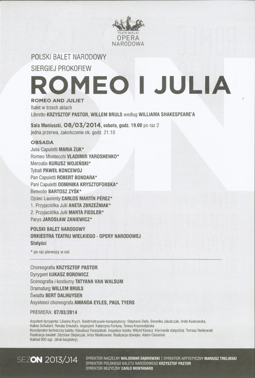 Wkładka obsadowa "Romeo i Julia" Siergiej Prokofiew / Krzysztof Pastor, 2014-03-08