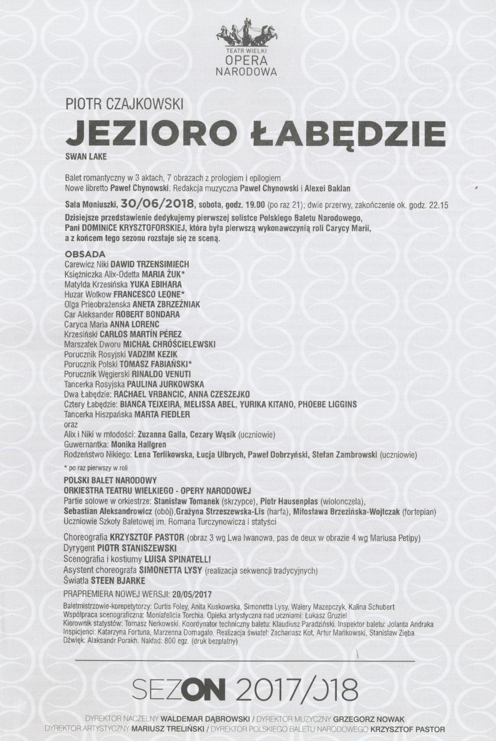 Wkładka obsadowa "Jezioro łabędzie" Piotr Czajkowski / Krzysztof Pastor, 2018-06-30