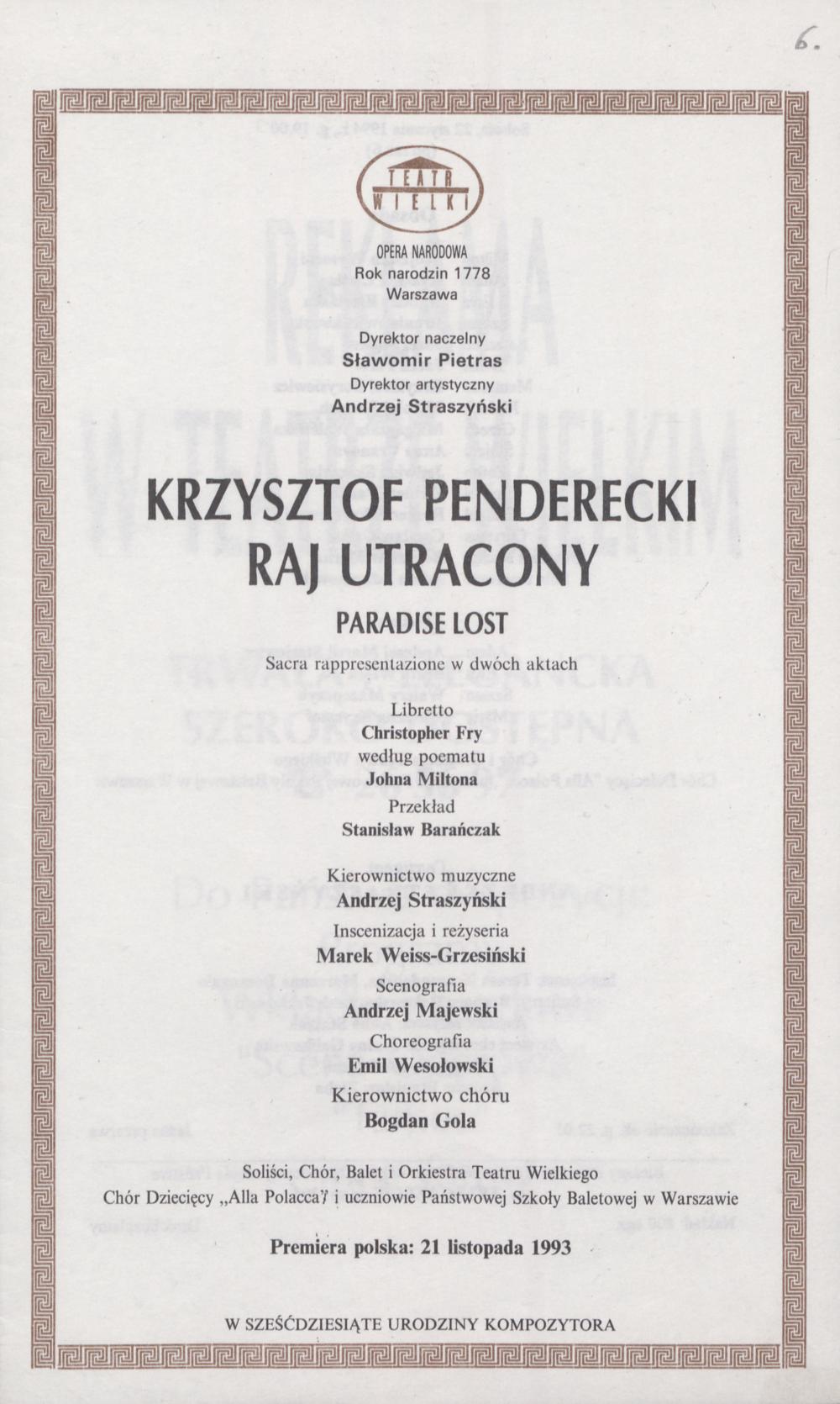 Wkładka obsadowa „Raj Utracony” Krzysztof Penderecki 22-01-1994