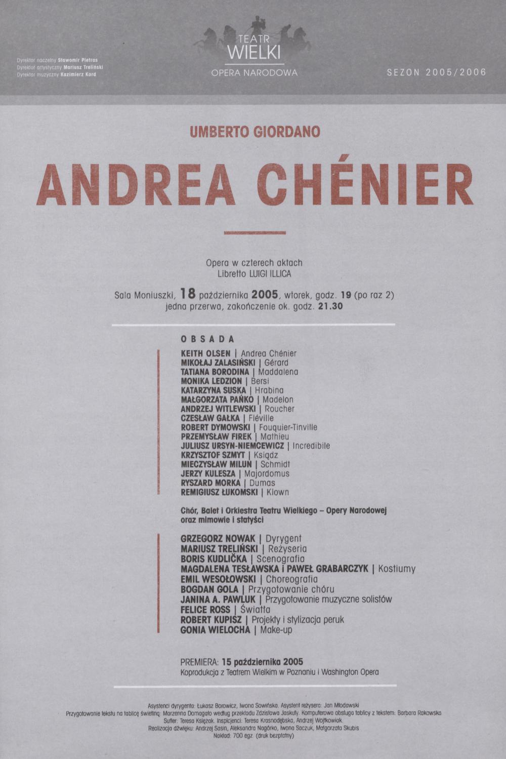 Wkładka obsadowa „Andrea Chénier” Umberto Giordano 18-10-2005