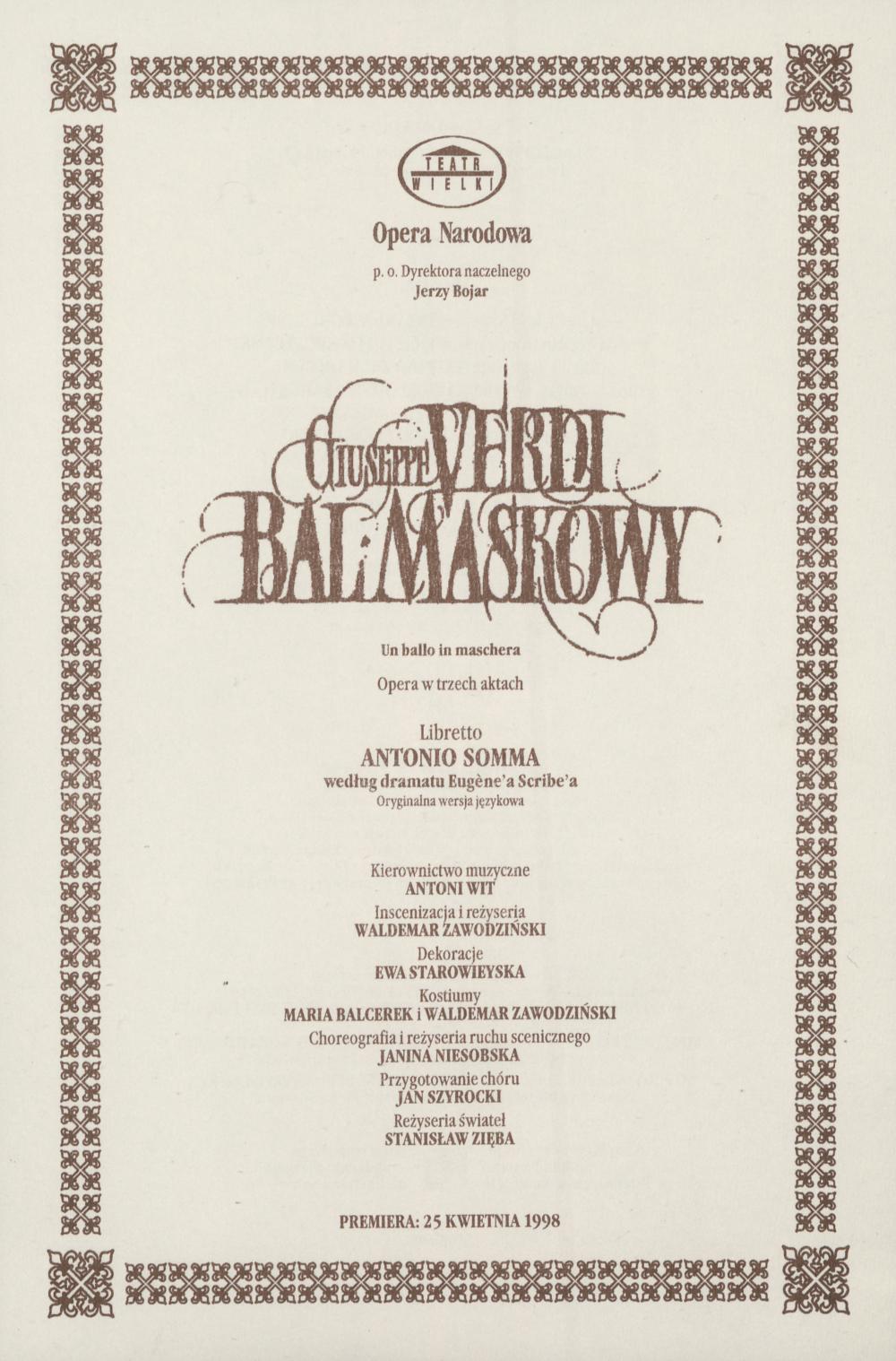 Wkładka obsadowa. „Bal Maskowy” Giuseppe Verdi 24-05-1998