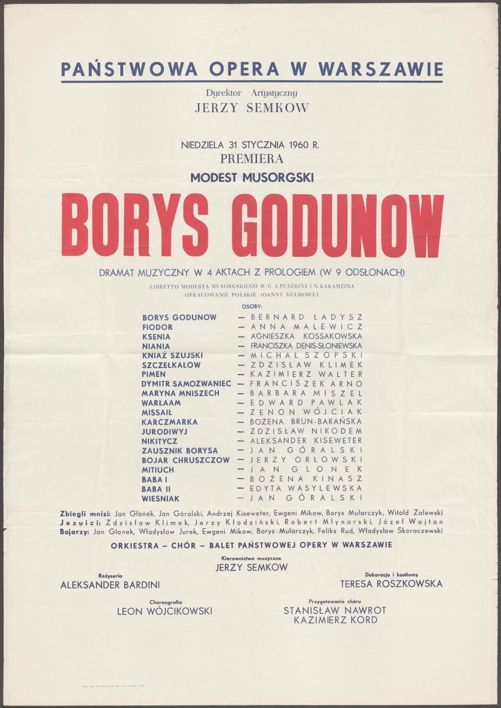 Afisz premierowy. „Borys Godunow” Modest Musorgski 31-01-1960