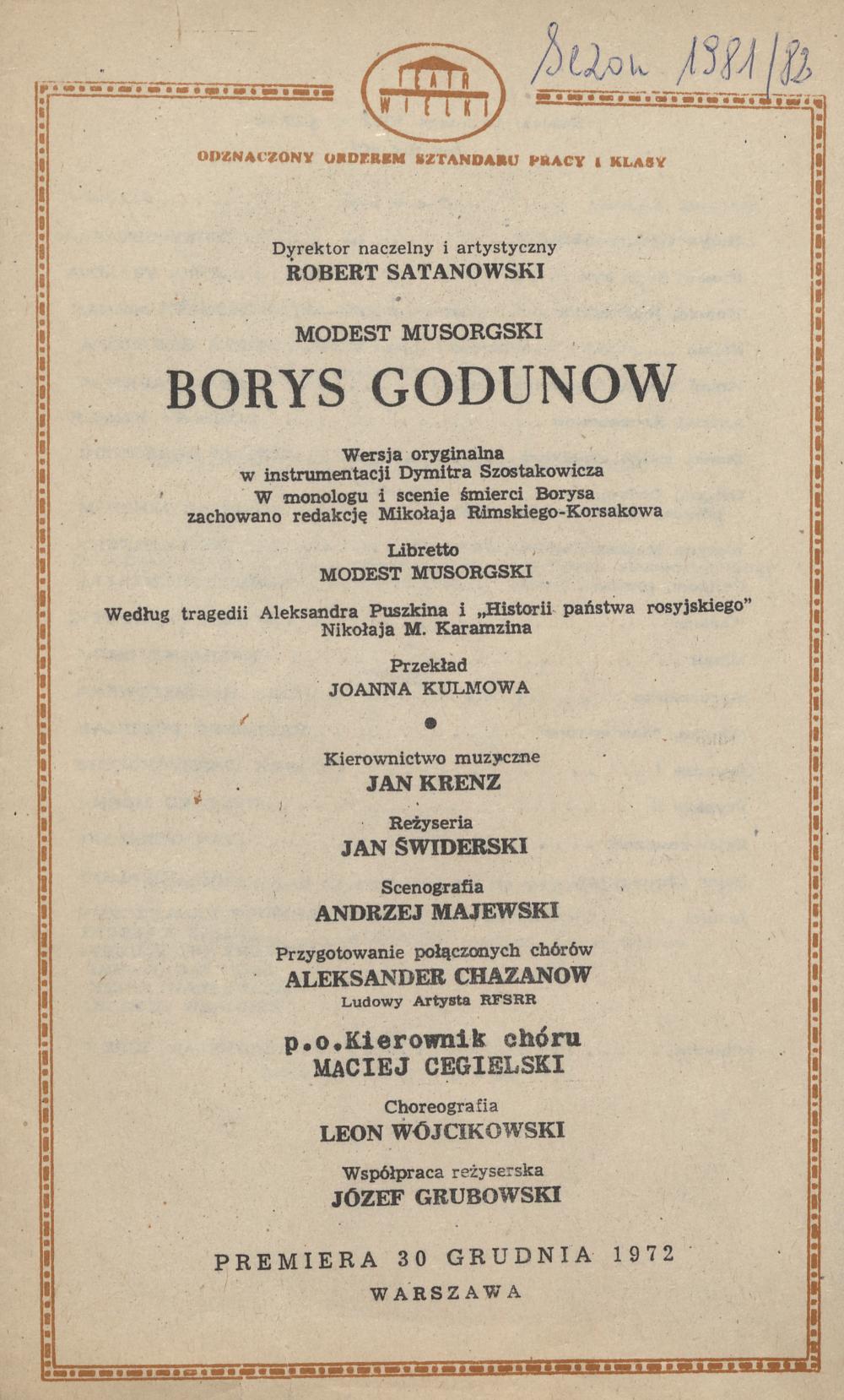 Wkładka obsadowa „Borys Godunow” Modest Musorgski 13-02-1982