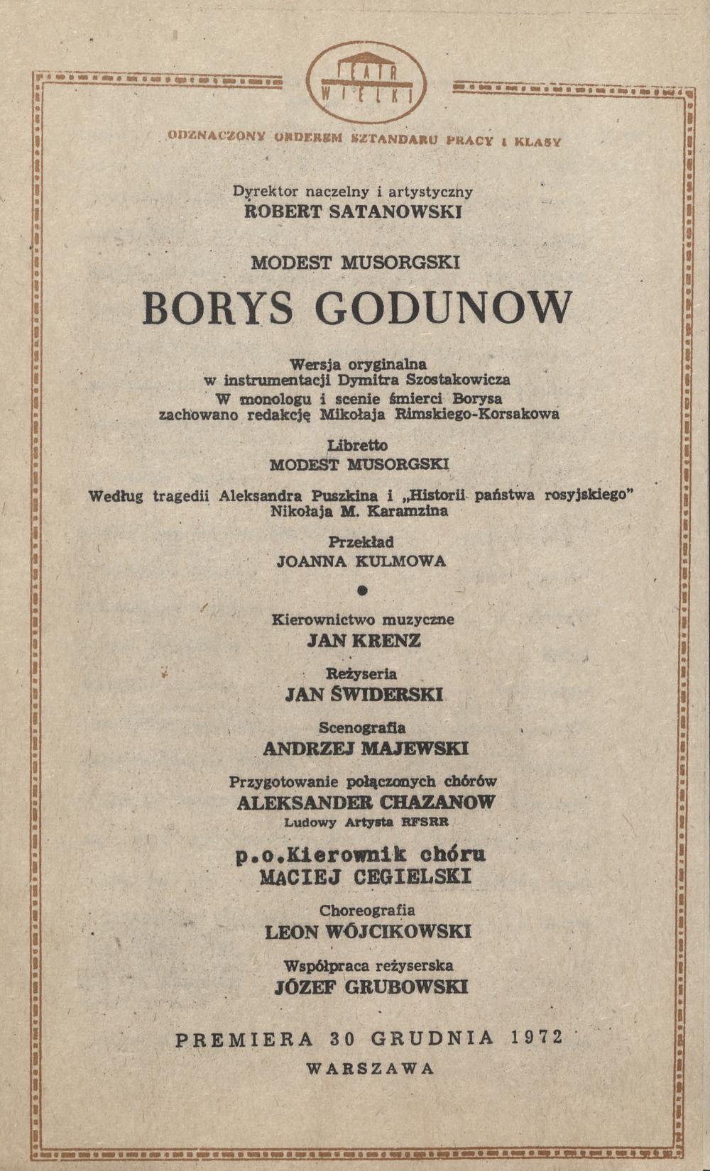 Wkładka obsadowa „Borys Godunow” Modest Musorgski 21-03-1982