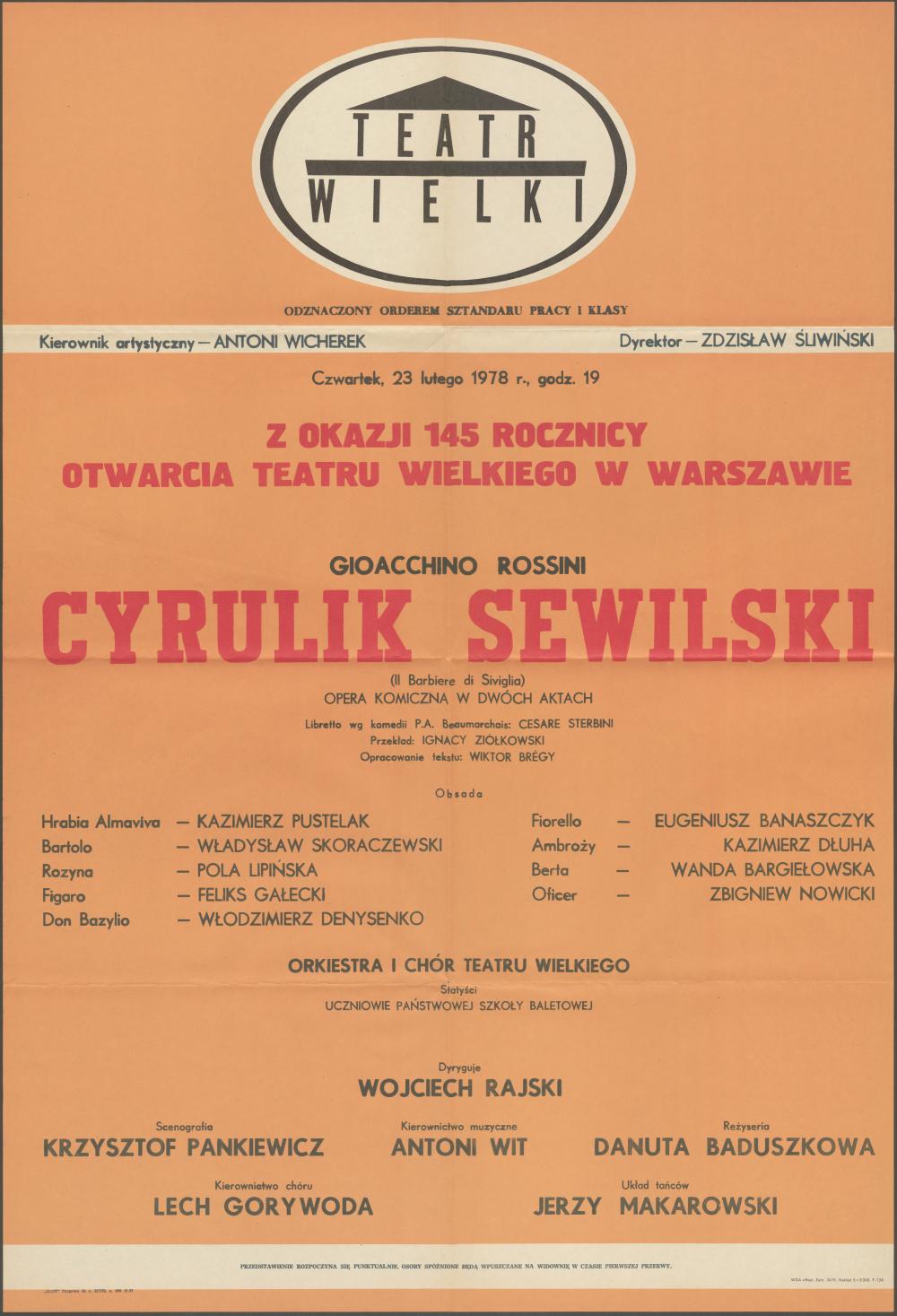 Afisz z okazji 145 rocznicy Otwarcia Teatru Wielkiego w Warszawie „Cyrulik Sewilski” Gioacchino Rossini 23-02-1978