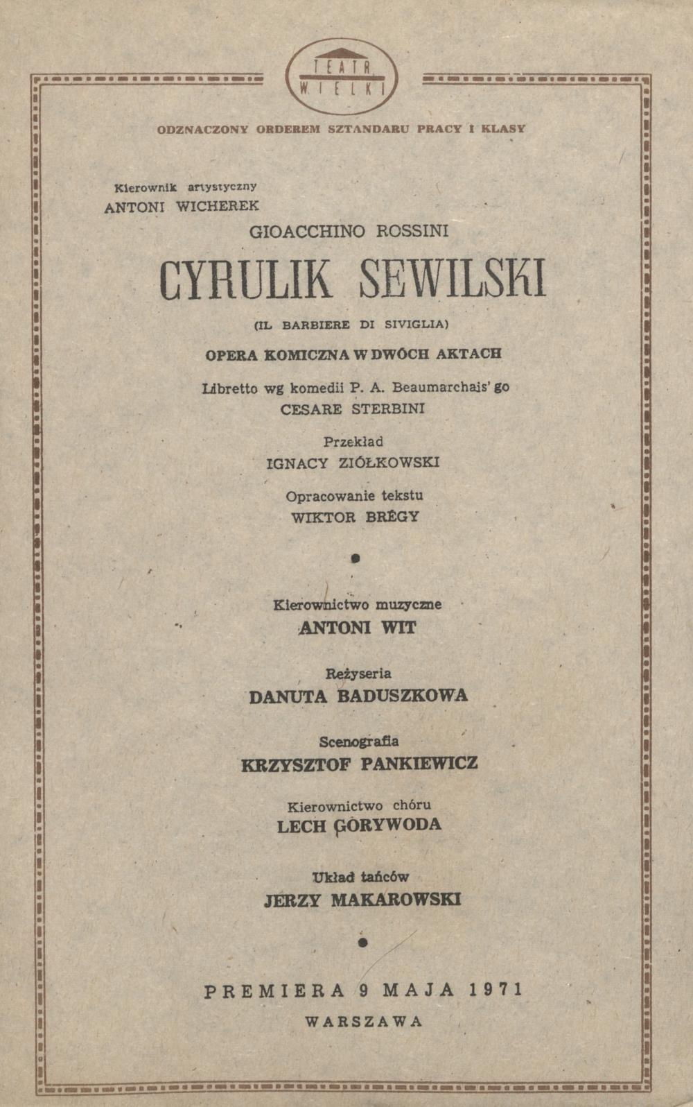 Wkładka obsadowa „Cyrulik Sewilski” Gioacchino Rossini 07-11-1979