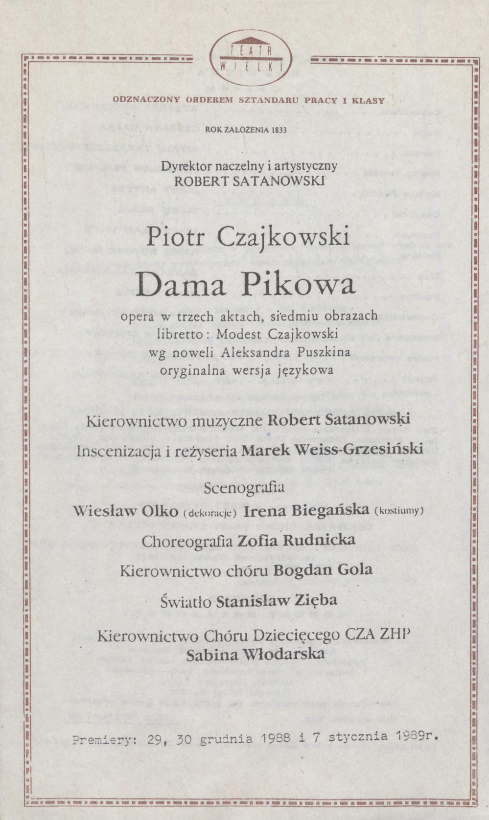 Wkładka premierowa – premiera III „Dama pikowa” Piotr Czajkowski 7-01-1989