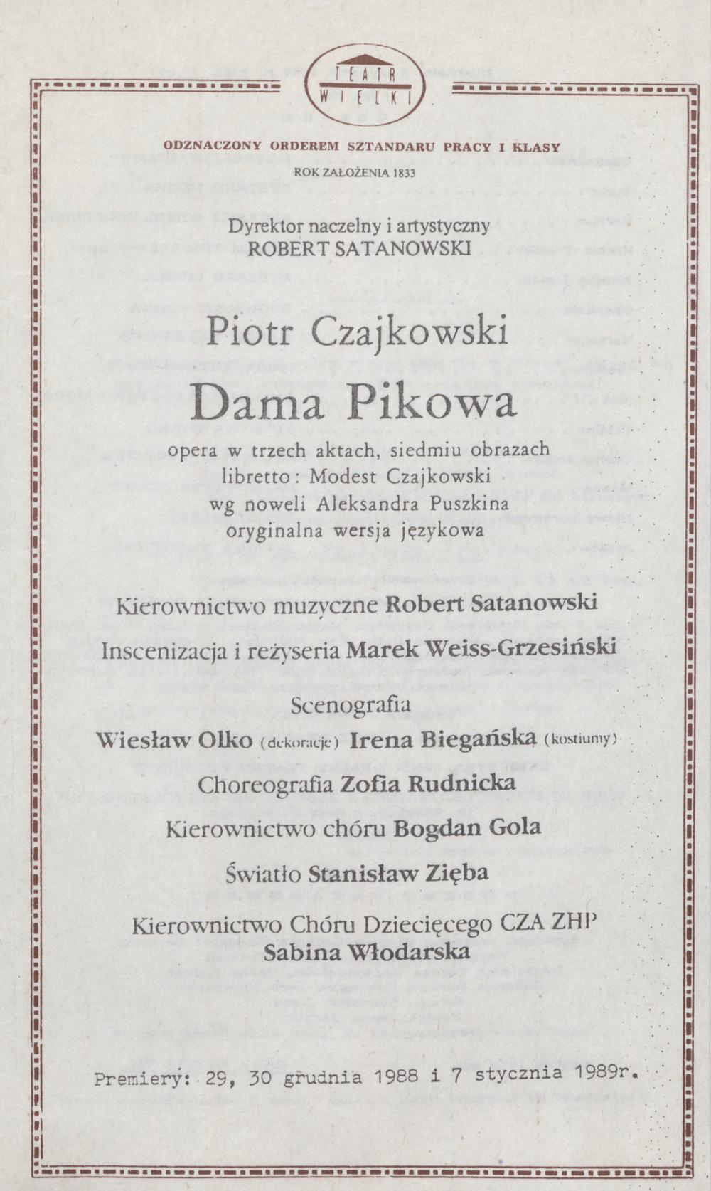 Wkładka obsadowa „Dama pikowa” Piotr Czajkowski 8-01-1989