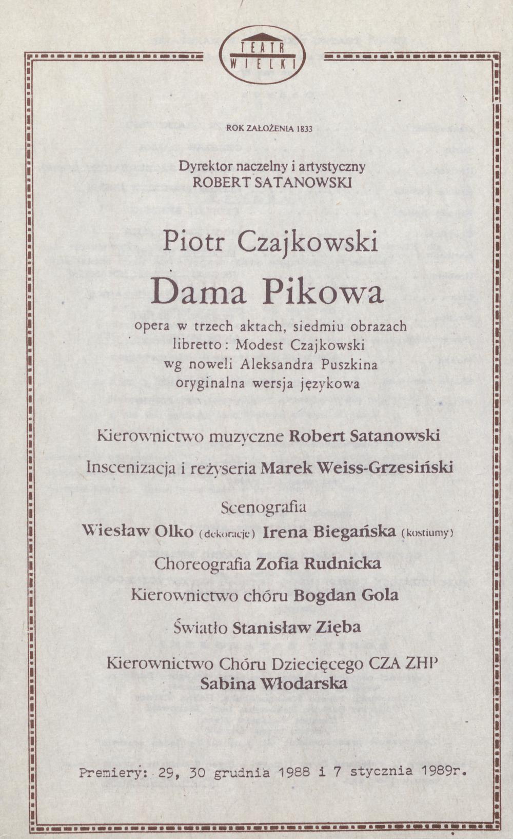 Wkładka obsadowa „Dama pikowa” Piotr Czajkowski 12-03-1989