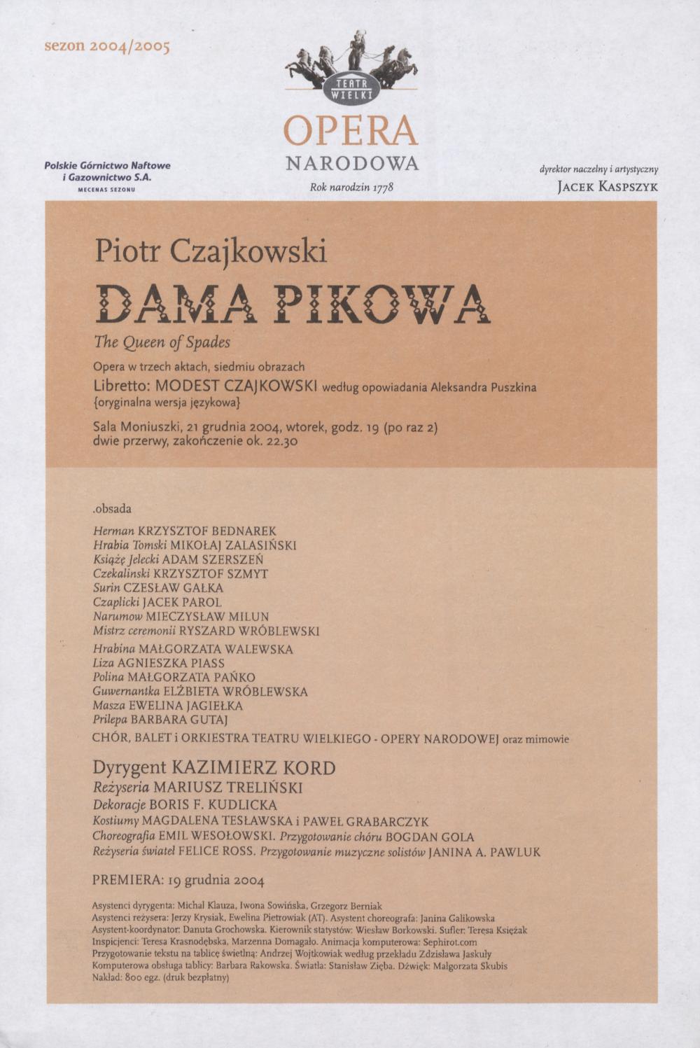 Wkładka Obsadowa "Dama Pikowa" Piotr Czajkowski 21-12-2004