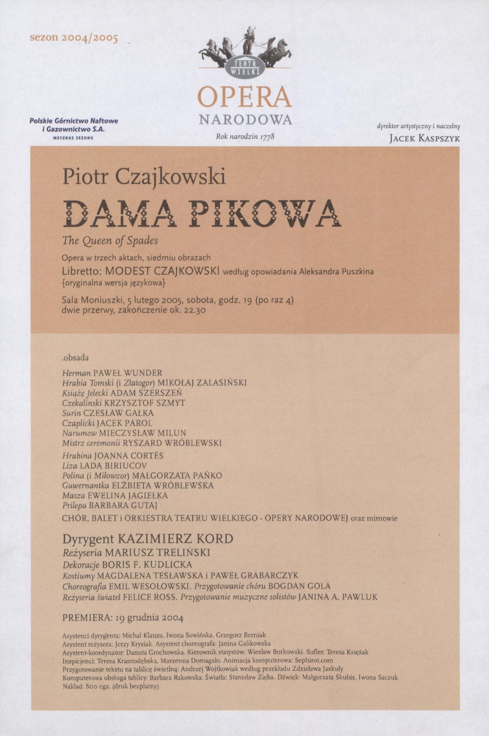 Wkładka Obsadowa "Dama Pikowa" Piotr Czajkowski 05-02-2005