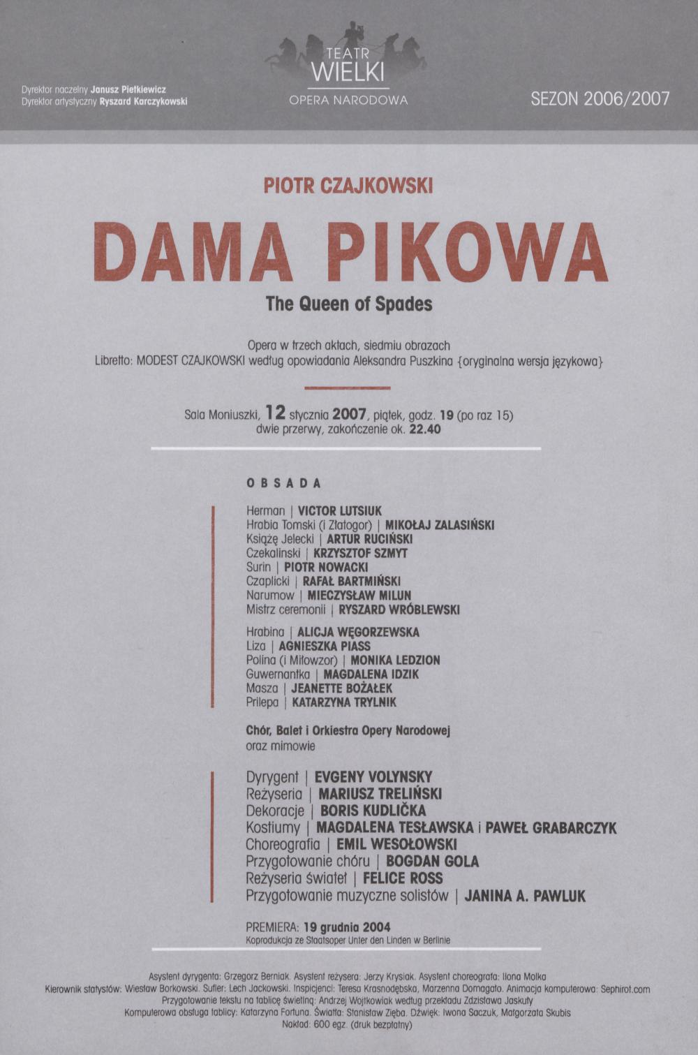 Wkładka Obsadowa "Dama Pikowa" Piotr Czajkowski 12-01-2007