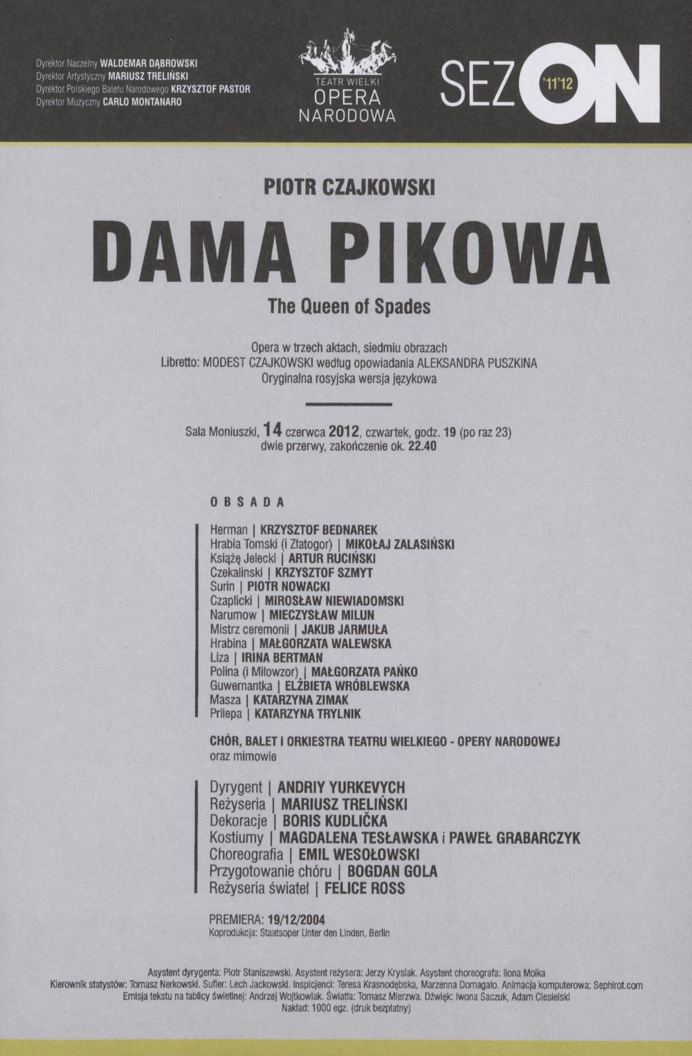 Wkładka Obsadowa "Dama Pikowa" Piotr Czajkowski 14-06-2012