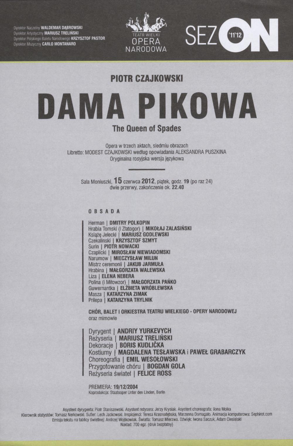 Wkładka Obsadowa "Dama Pikowa" Piotr Czajkowski 15-06-2012