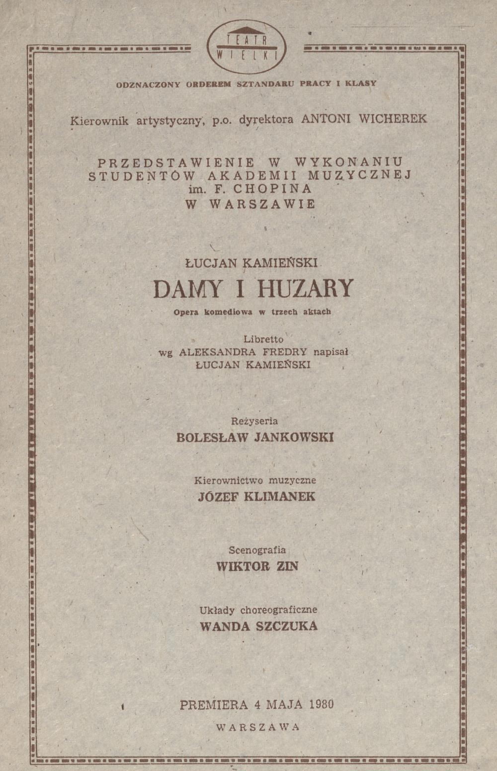 Wkładka Obsadowa „Damy i Huzary” 04-05-1980