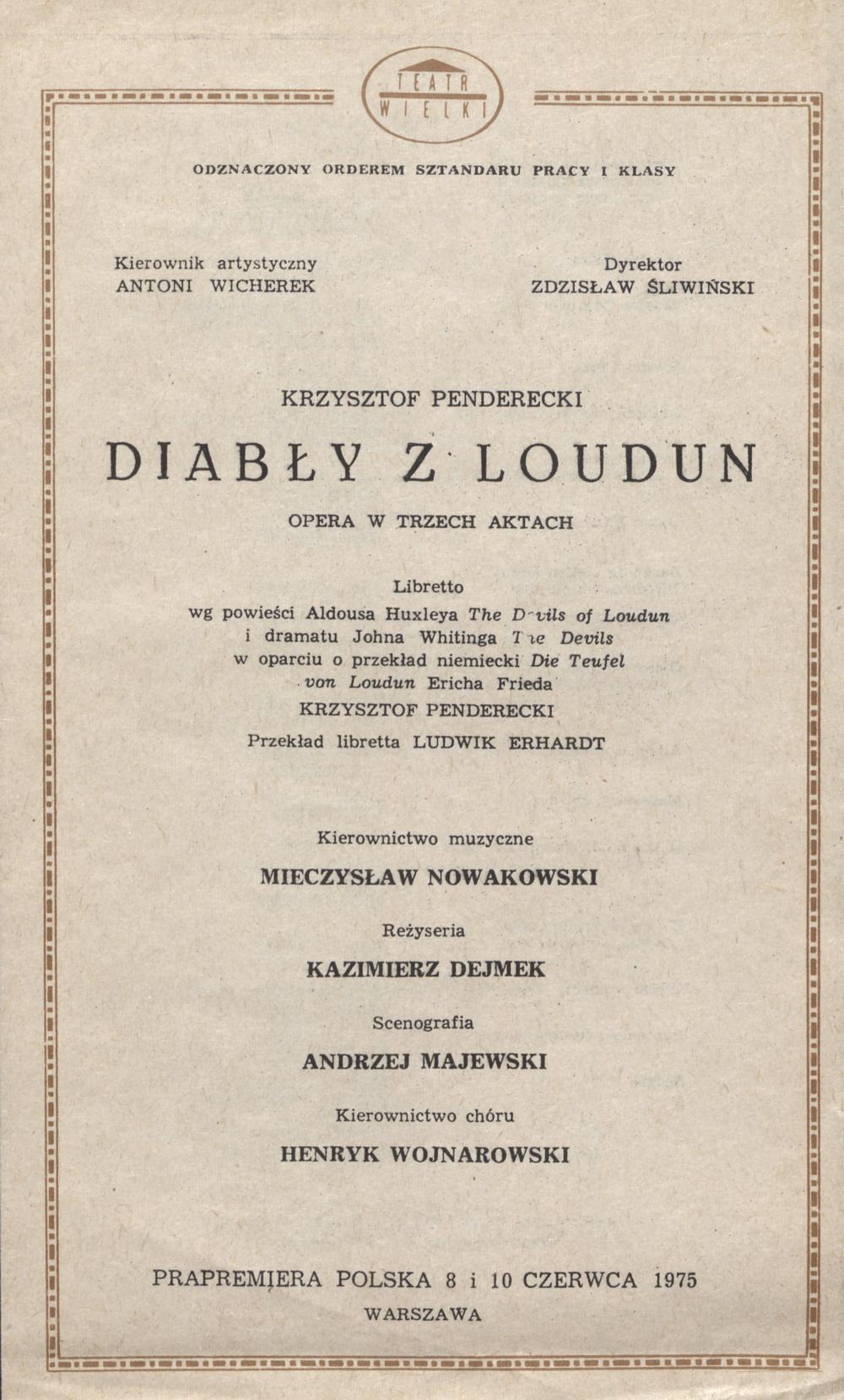 Wkładka obsadowa, „Diabły z Loudun” Krzysztof Penderecki 10-06-1975