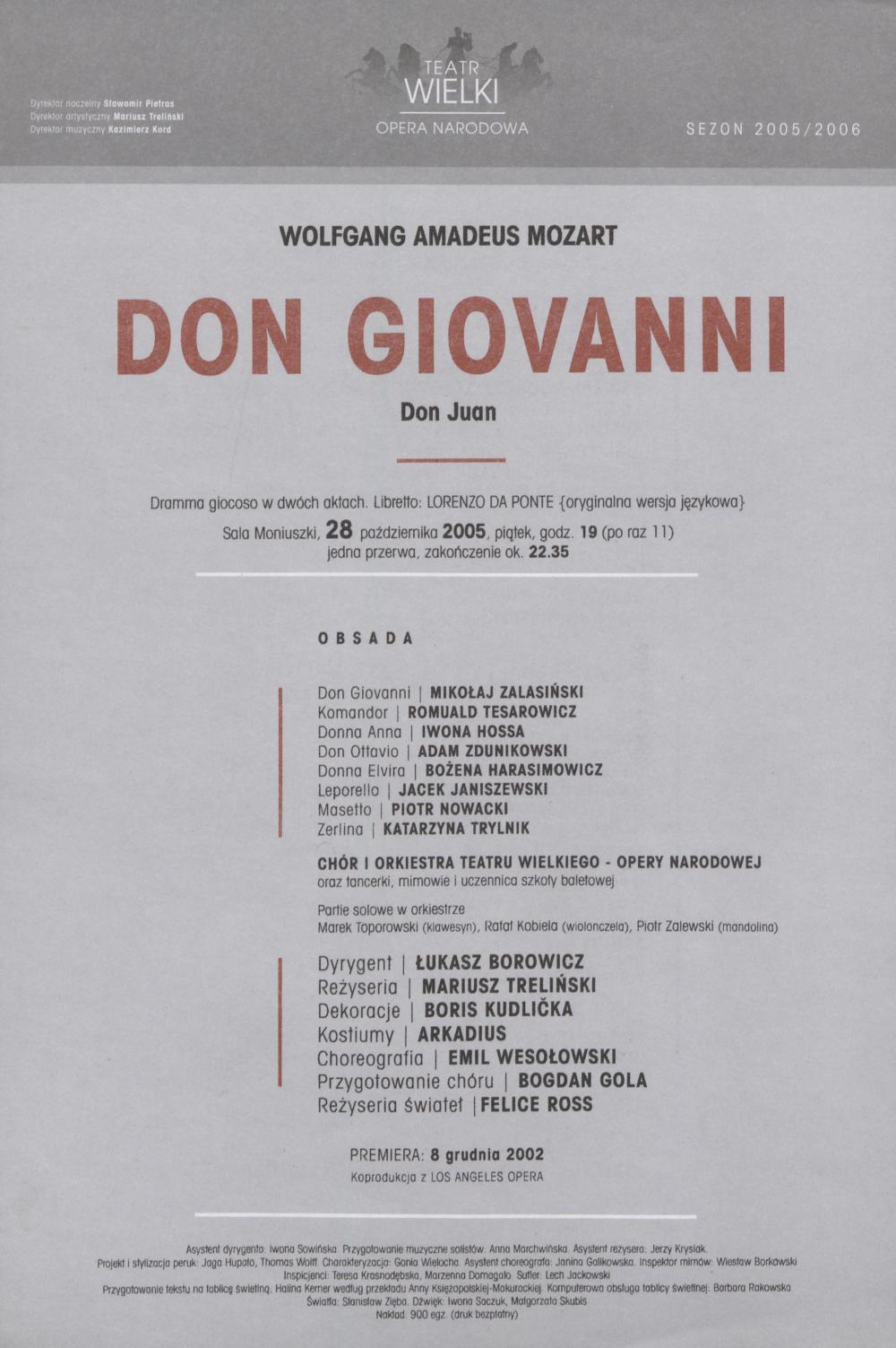 Wkładka obsadowa „Don Giovanni” Wolfgang Amadeusz Mozart 28-10-2005