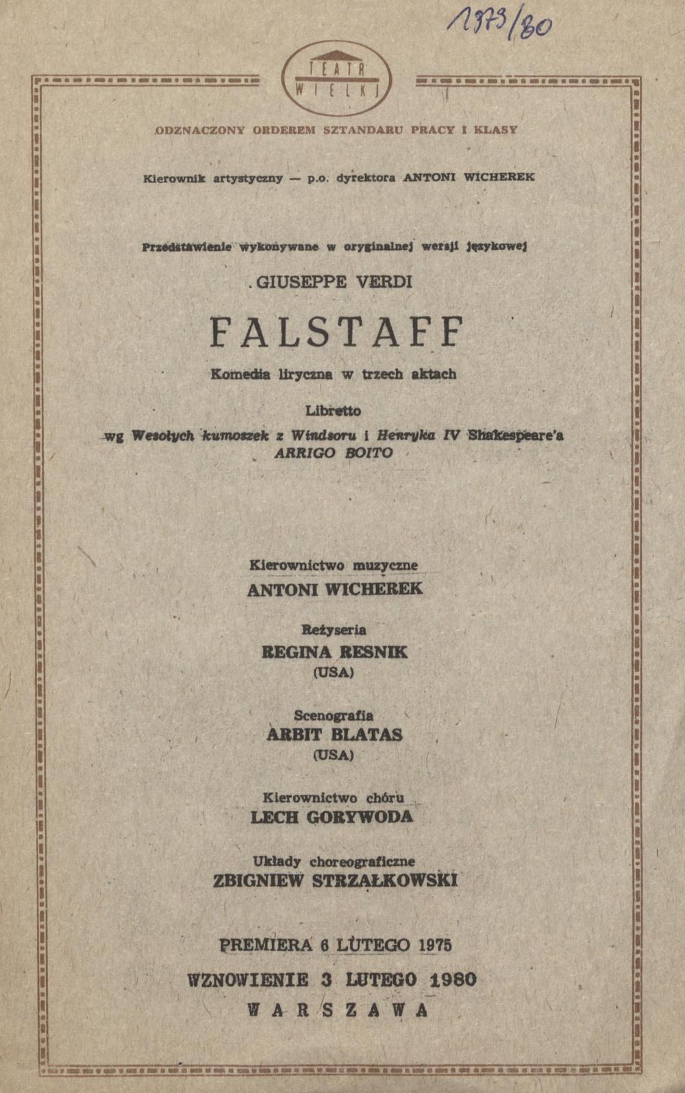 Wkładka obsadowa „Falstaff” Giuseppe Verdi 18-03-1980