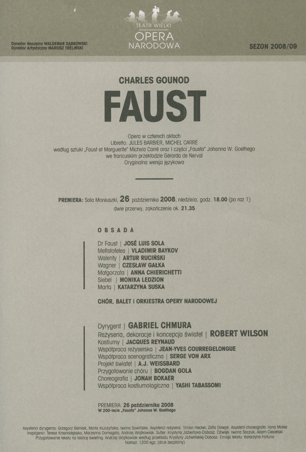 Wkładka obsadowa - „Faust” Charles Gounod 26-10-2008