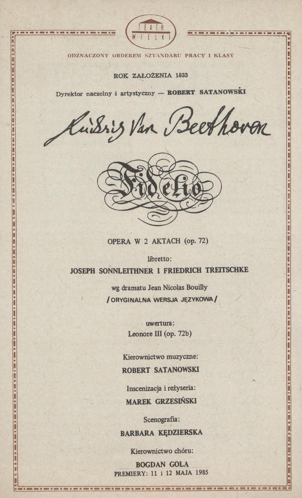 Wkładka obsadowa „Fidelio” Ludwig van Beethoven 31-01-1986
