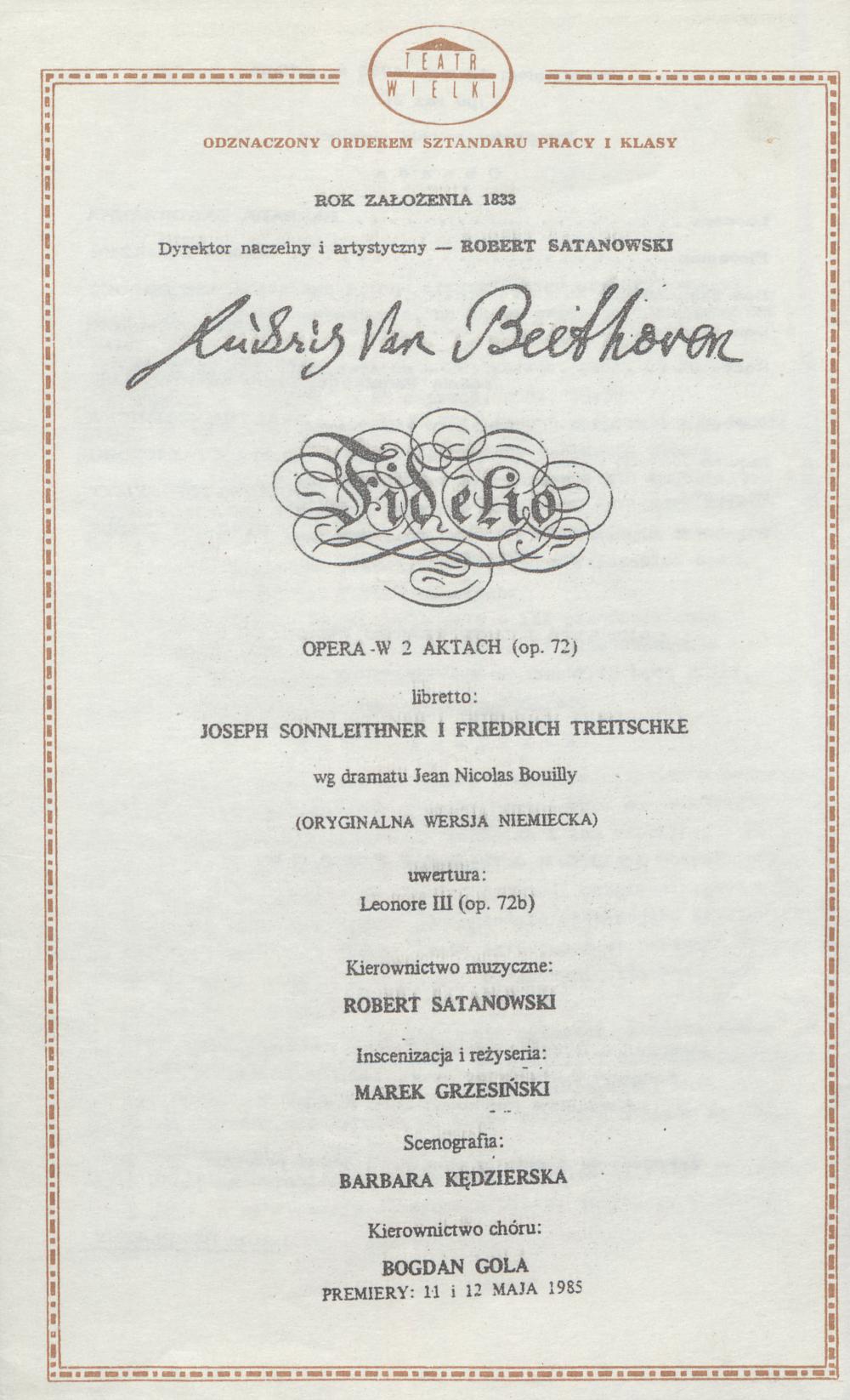 Wkładka obsadowa „Fidelio” Ludwig van Beethoven 13-05-1985