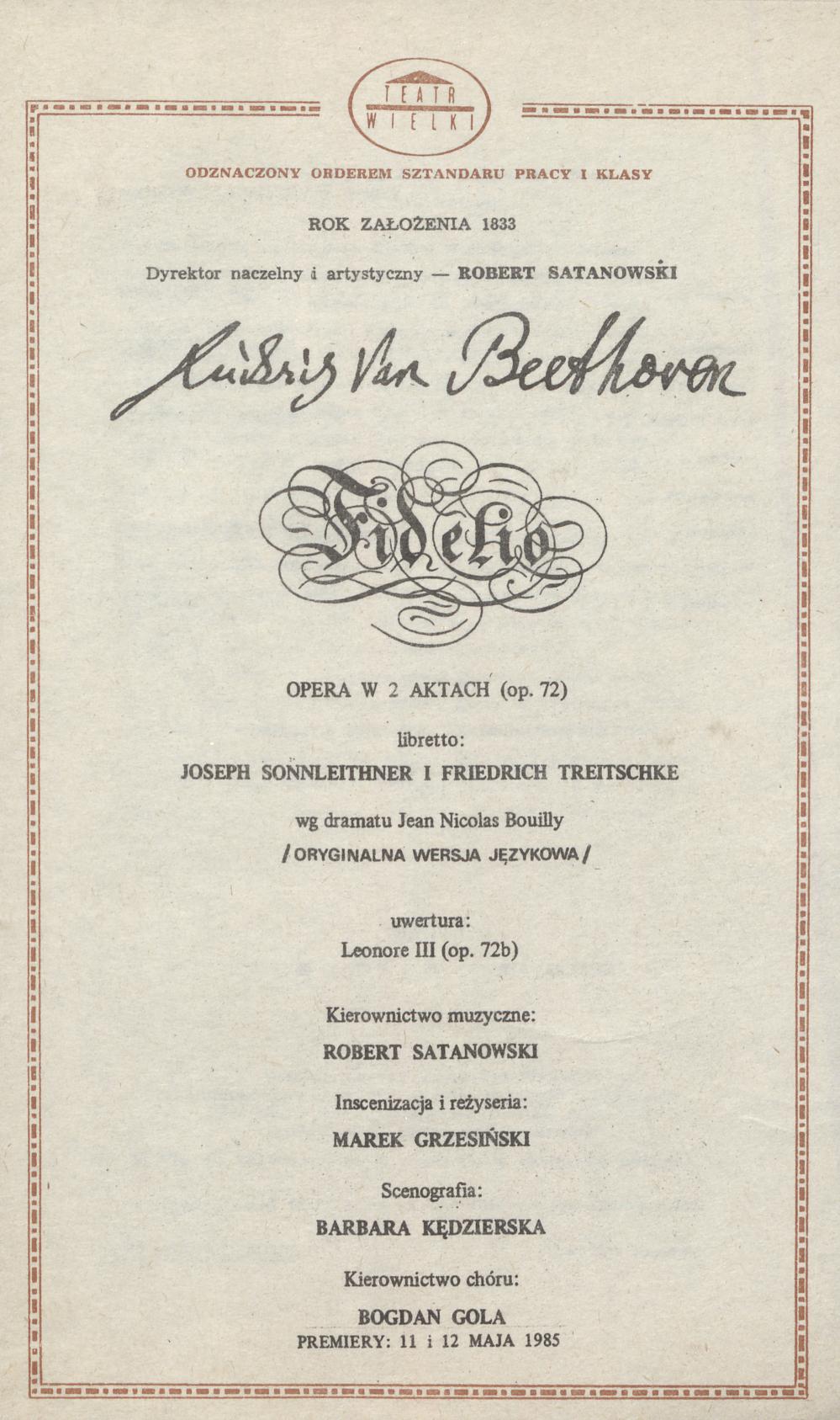 Wkładka obsadowa „Fidelio” Ludwig van Beethoven 04-12-1985