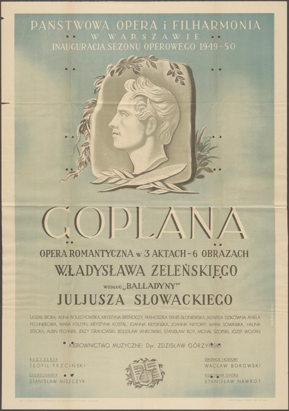 Afisz ,,Goplana" Władysław Żeleński 30-12-1949. Inauguracja sezonu operowego 1949/1950 w Państwowej Operze i Filharmoni w Warszawie