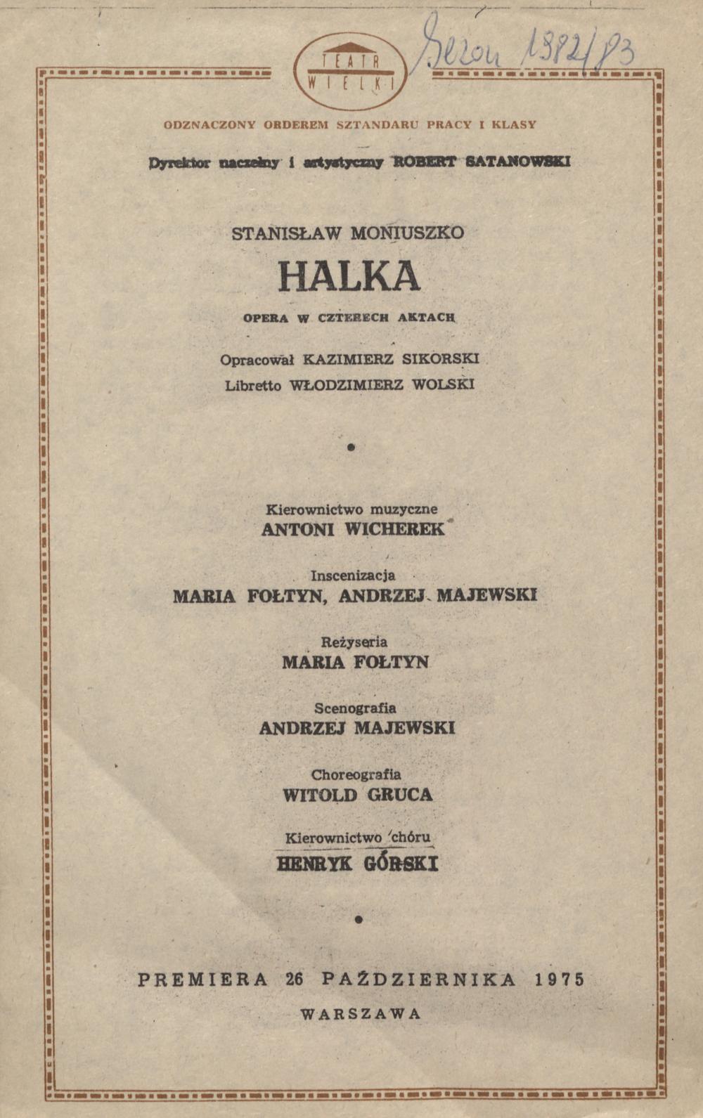 Wkładka obsadowa „Halka” Stanisław Moniuszko 11-09-1982