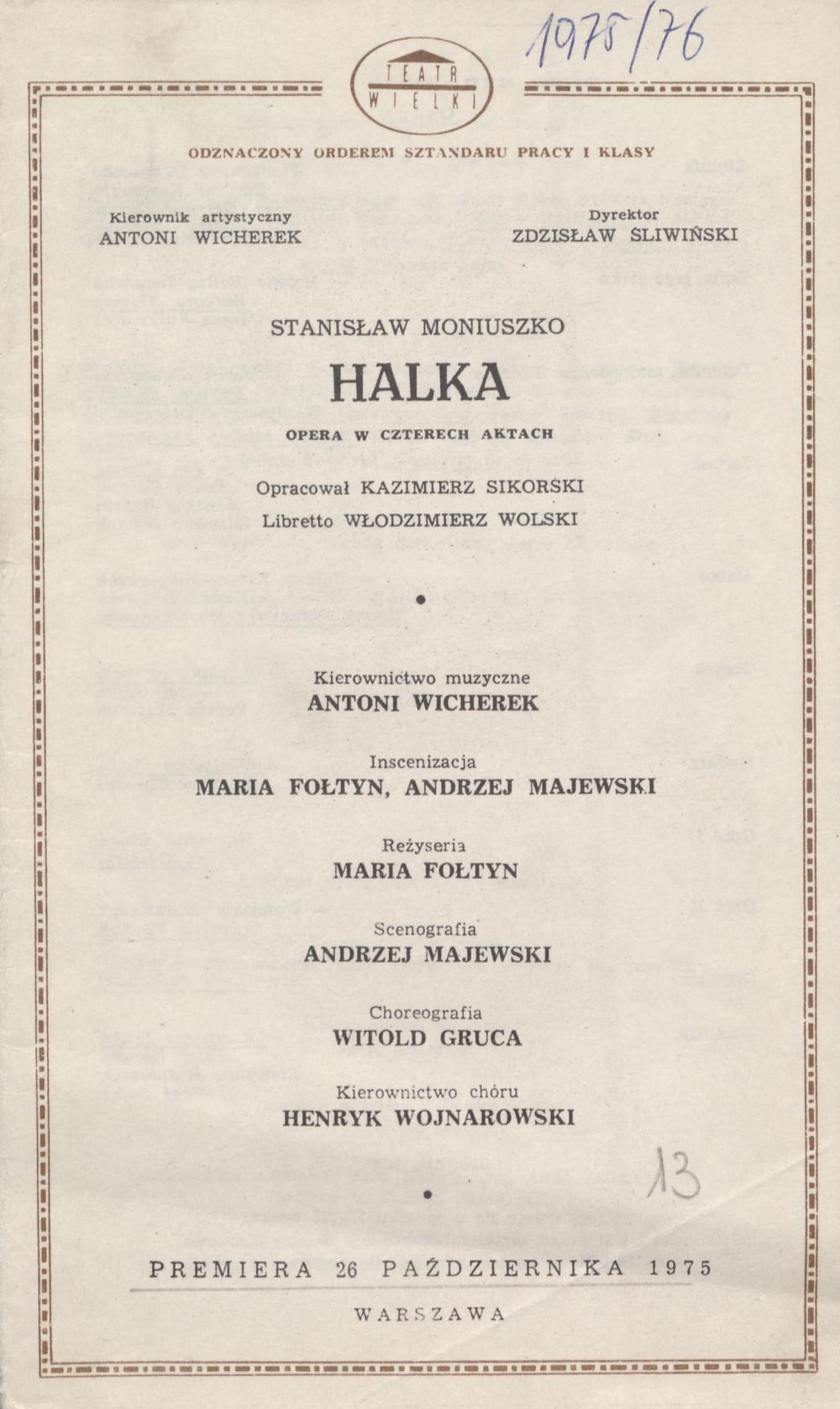Wkładka obsadowa „Halka” Stanisław Moniuszko 26-10-1975