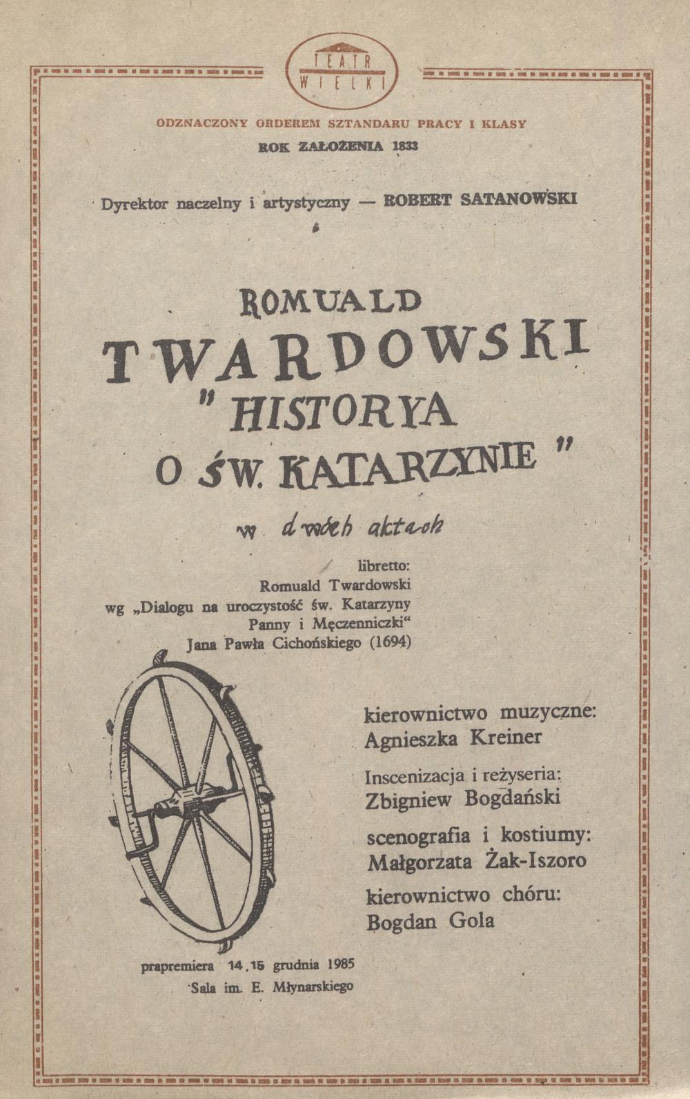 Wkładka obsadowa„Historya o św. Katarzynie” Romuald Twardowski 17-12-1985