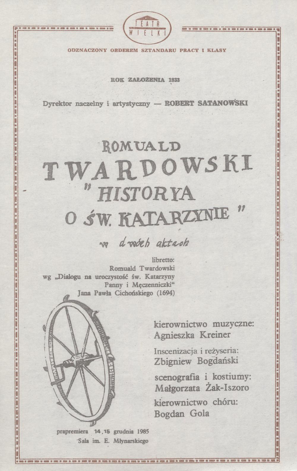Wkładka obsadowa„Historya o św. Katarzynie” Romuald Twardowski 22-01-1986