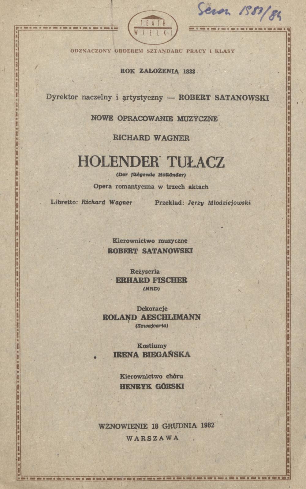 Wkładka obsadowa „Holender Tułacz” Richard Wagner 04-02-1984