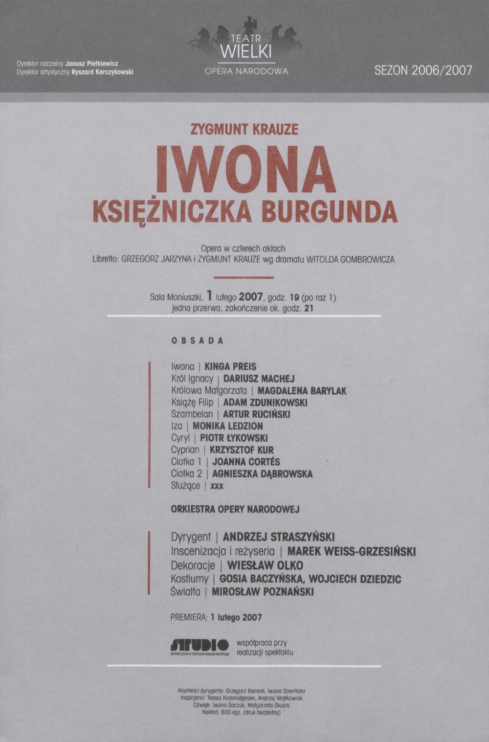 Wkładka obsadowa - „Iwona. Księżniczka Burgunda” Zygmunt Krauze 01-02-2007