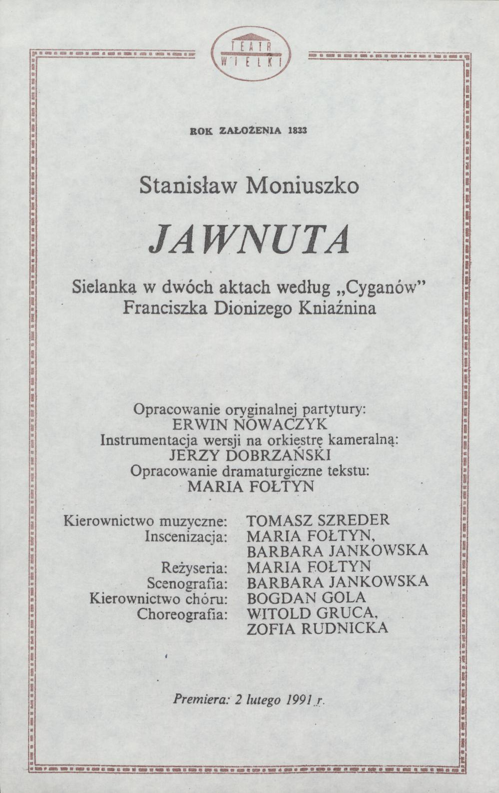 Wkładka obsadowa.„Jawnuta” Stanisław Moniuszko 15-05-1991