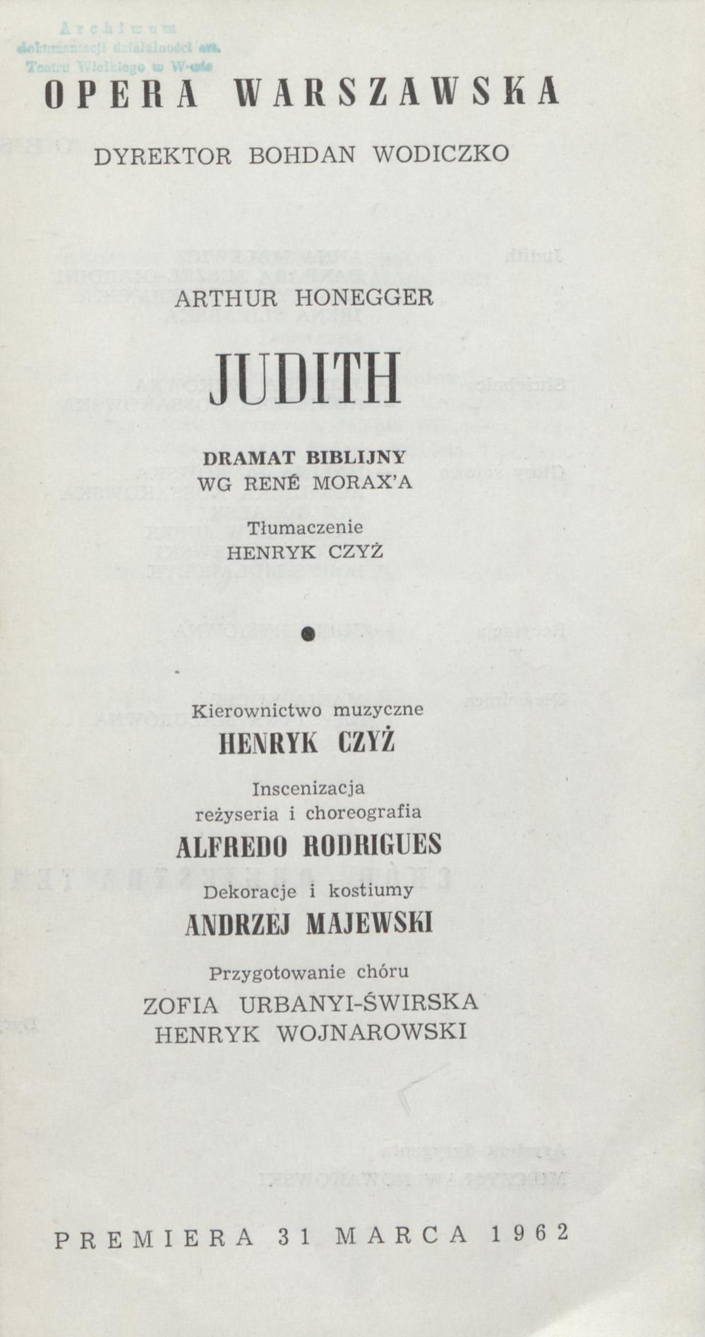 Wkładka obsadowa „Judith” Arthur Honegger 31-03-1962