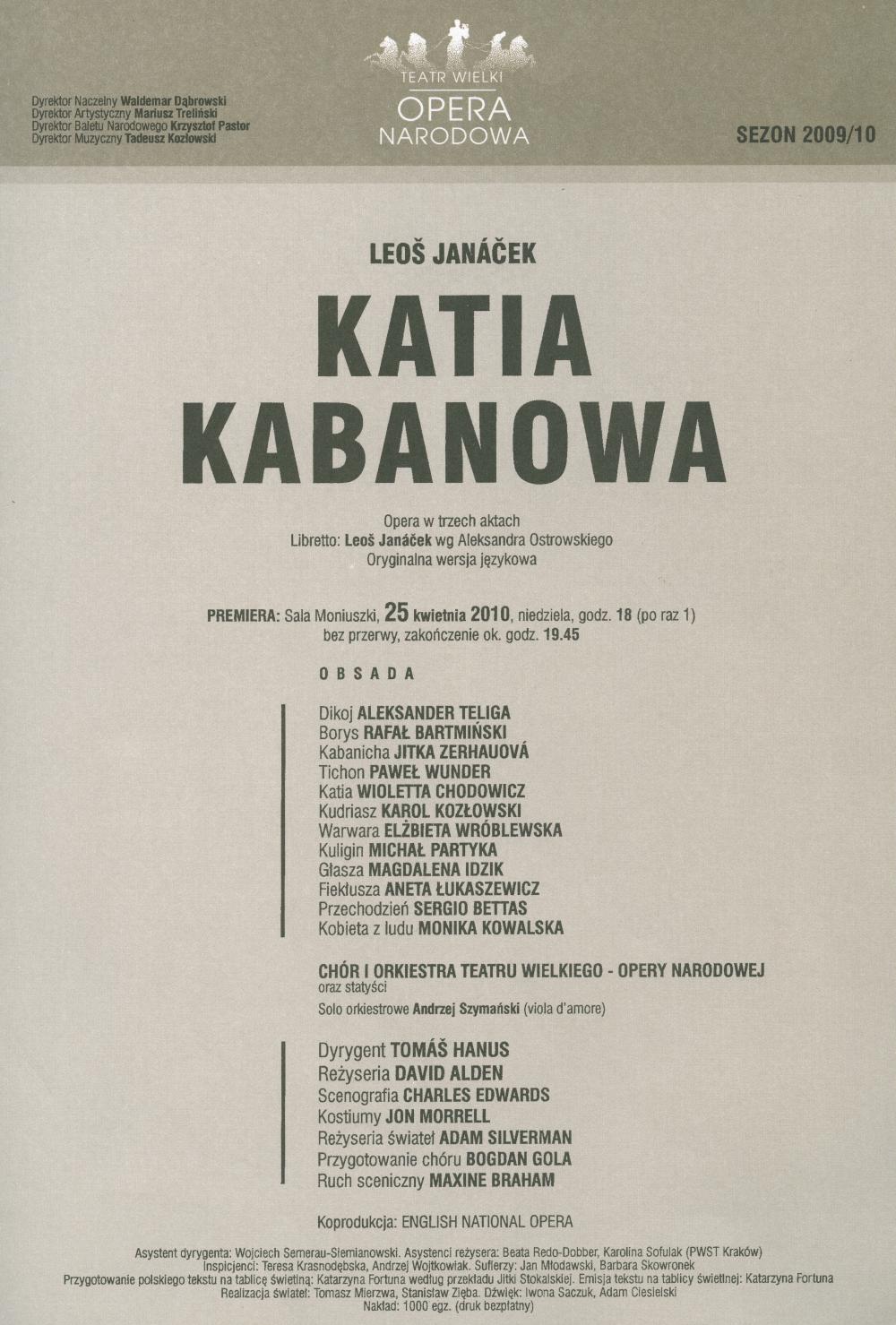 Wkładka premierowa „Katia Kabanowa” Leoš Janaček 25-04-2010