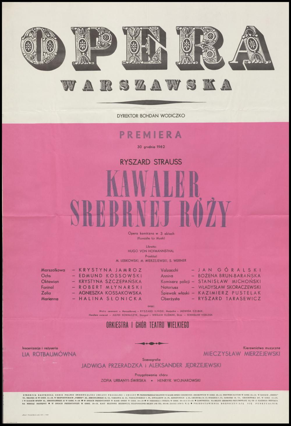 Afisz premierowy „Kawaler Srebnej Róży” Richard Strauss 30-12-1962