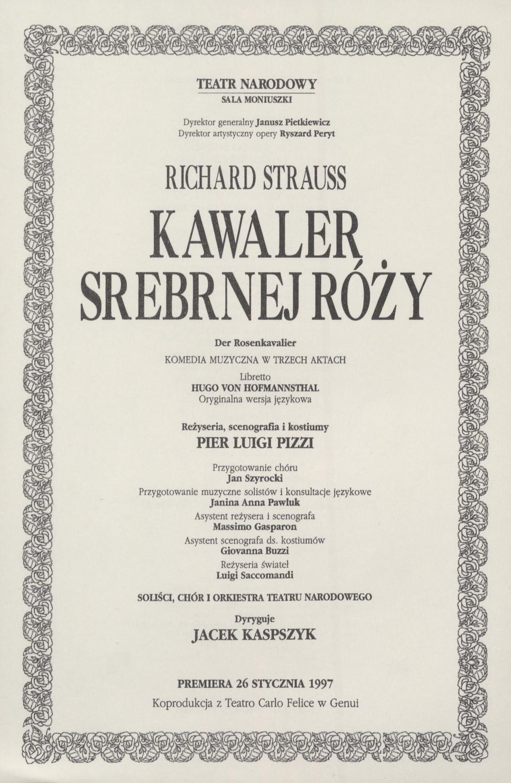 Wkładka obsadowa „Kawaler srebrnej róży” Richard Strauss 02-04-1997