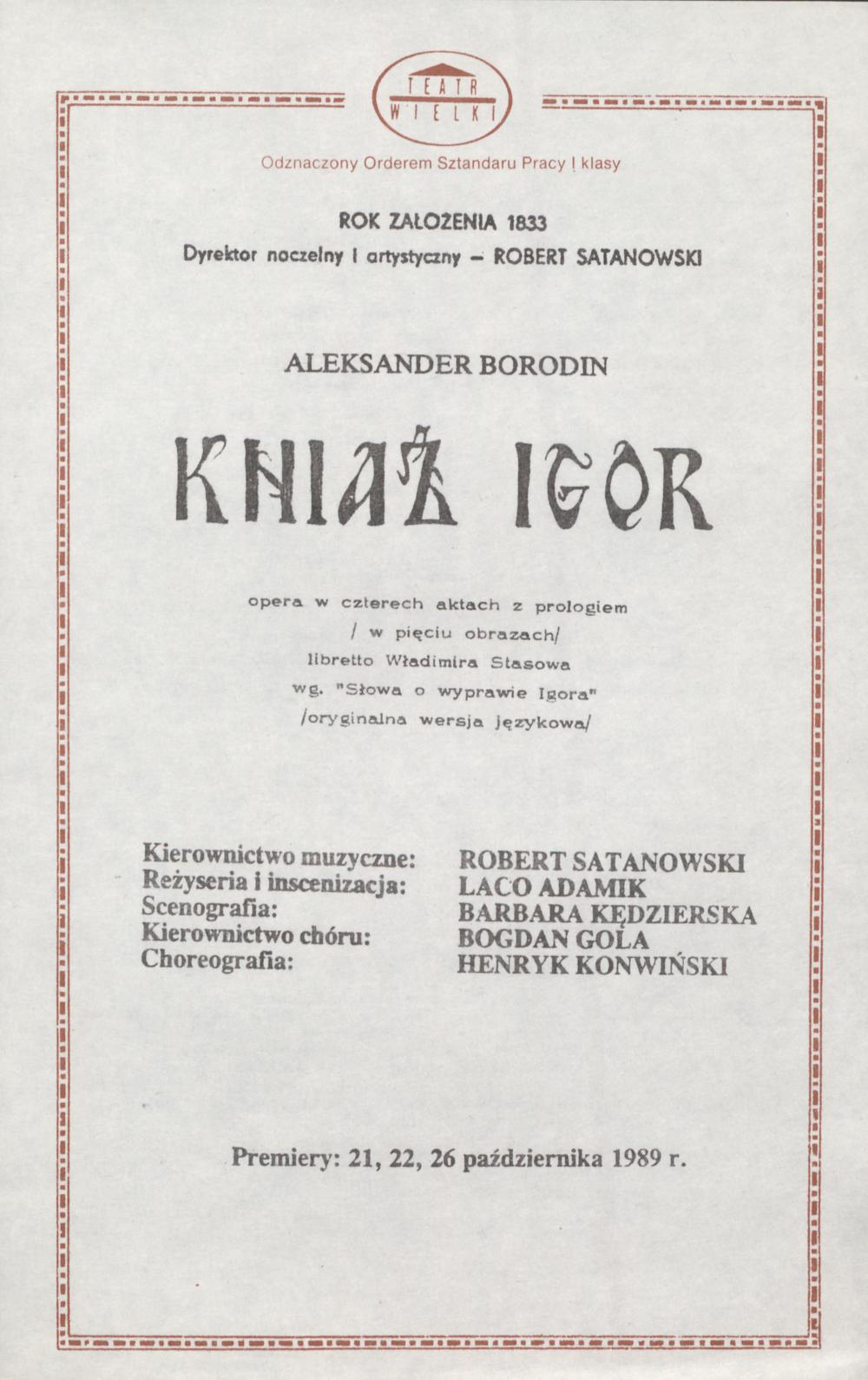 Wkładka obsadowa „Kniaź Igor” Aleksander Borodin 25-10-1989