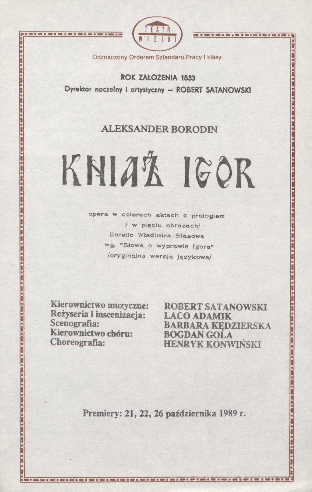 Wkładka obsadowa „Kniaź Igor” Aleksander Borodin 26-10-1989