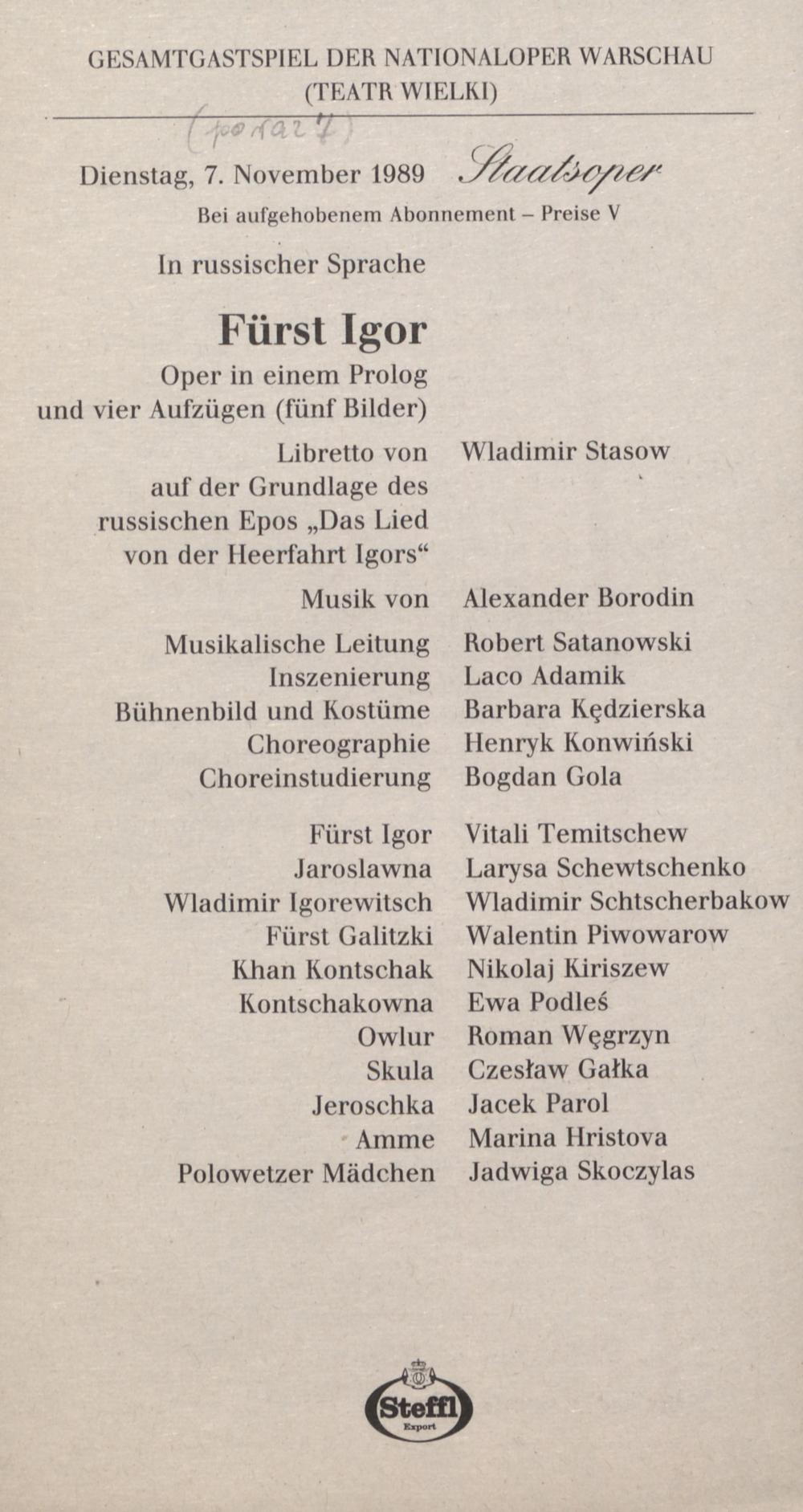 Gesamtgastspiel der Nationaloper Warschau (Teatr Wielki), „Fürst Igor” Alexander Borodin 07-11-1989