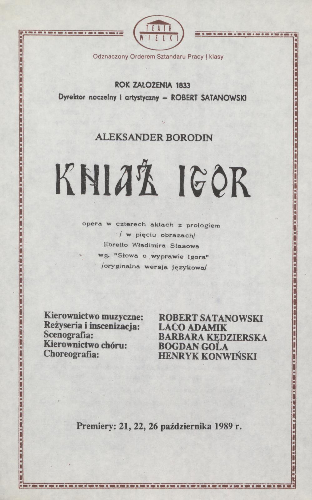 Wkładka obsadowa „Kniaź Igor” Aleksander Borodin 16-02-1990