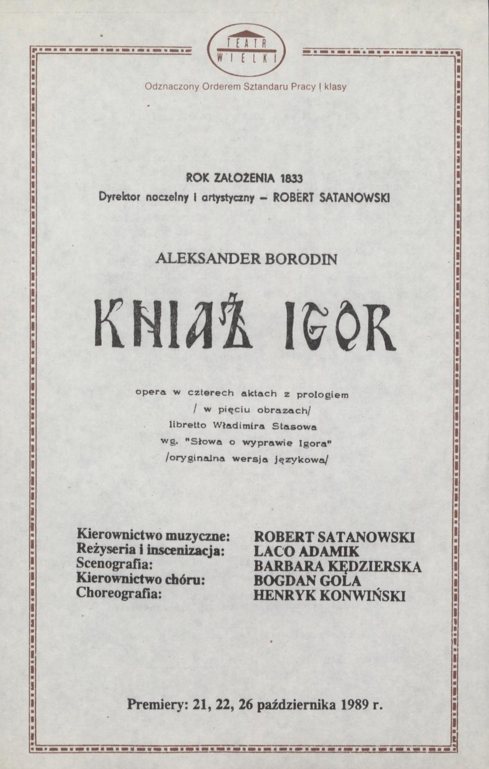 Wkładka obsadowa „Kniaź Igor” Aleksander Borodin 04-05-1990