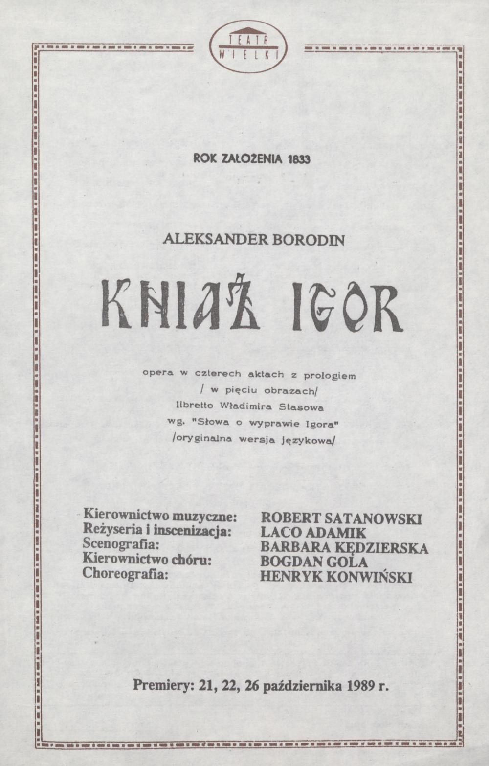 Wkładka obsadowa „Kniaź Igor” Aleksander Borodin 07-02-1991