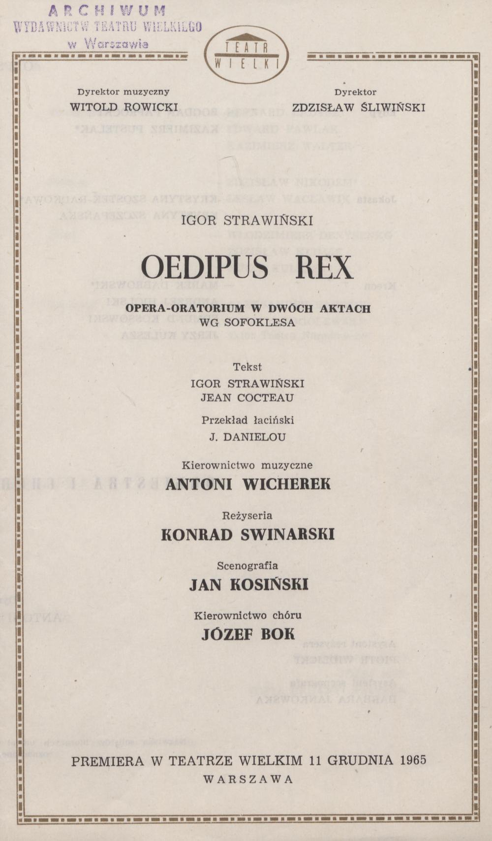Wkładka obsadowa „Oedipus Rex” Igor Strawiński