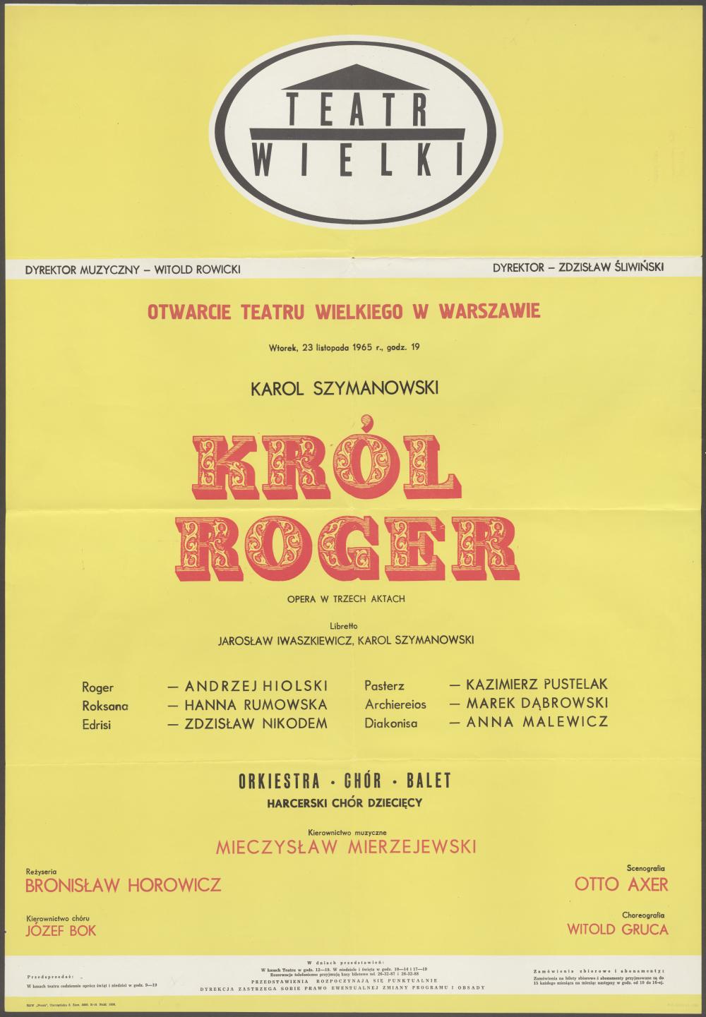 Afisz premierowy. „Król Roger” Karol Szymanowski 23-11-1965