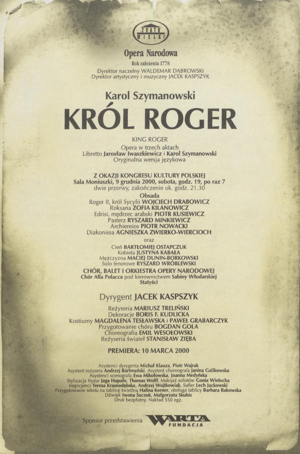 Wkładka obsadowa „Król Roger” Karol Szymanowski 09-12-2000